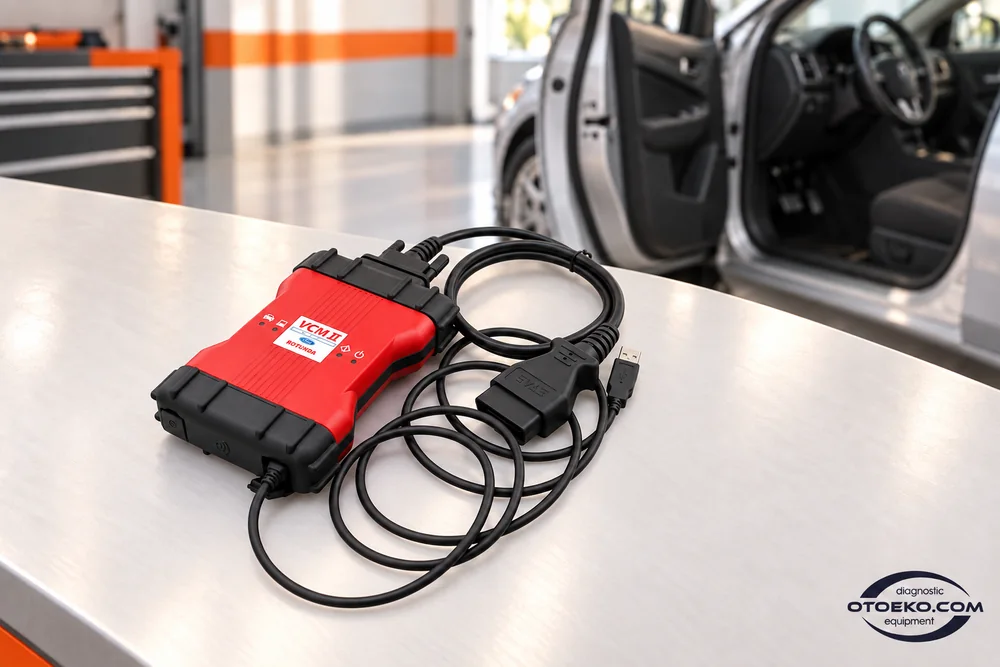 Ford VCM II وكابلاته في إعداد اتصال لجلسة تشخيص وحدات التحكم.